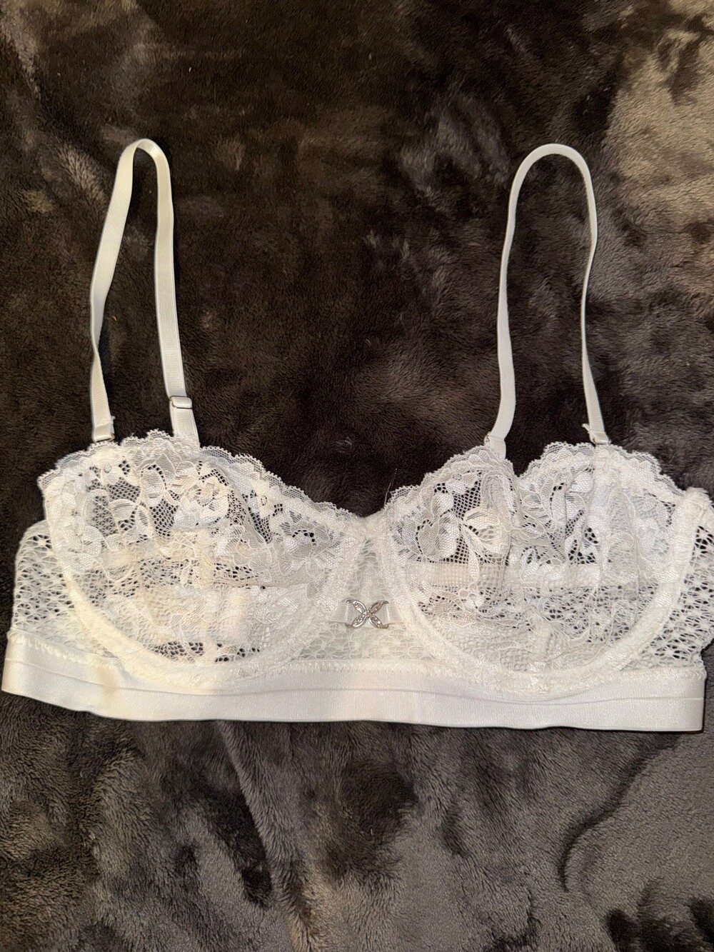 White Lace Balconette Bra Size S Adjustable Straps Floral Pattern